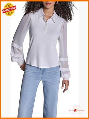 Long Sleeve Collared Top with Smocked Cuffs, Regular Fit Blouse